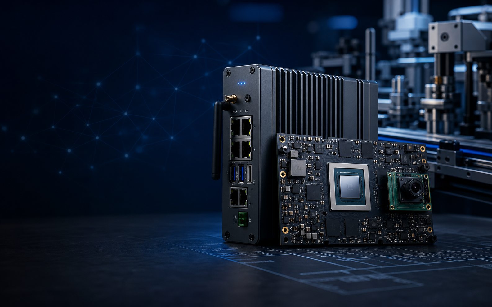 Industrial embedded controller beside an edge AI compute and camera board